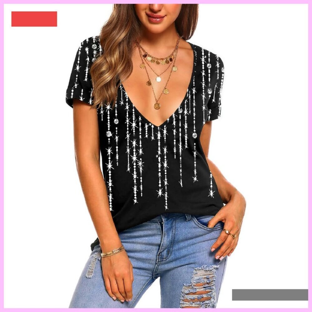 Deep V Neck Short Sleeve T-Shirt Sexy Summer Top S-3XL